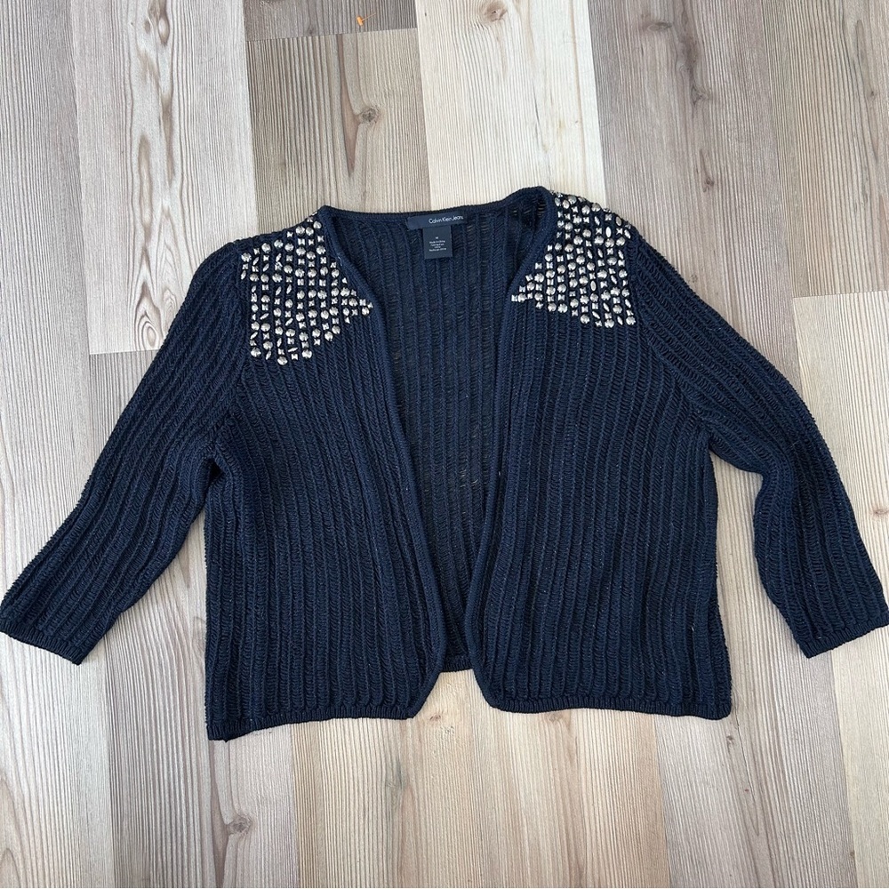 Calvin Klein Black Beaded Cropped Sweater Cardigan Shrug Womens Size Medium